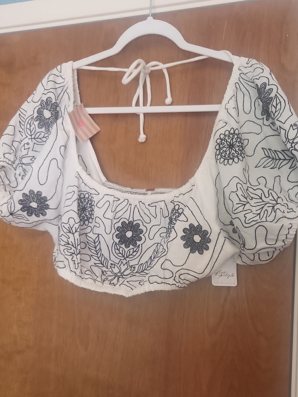 Free People Lotus White Embroidered Puff-Sleeve Crop Top
